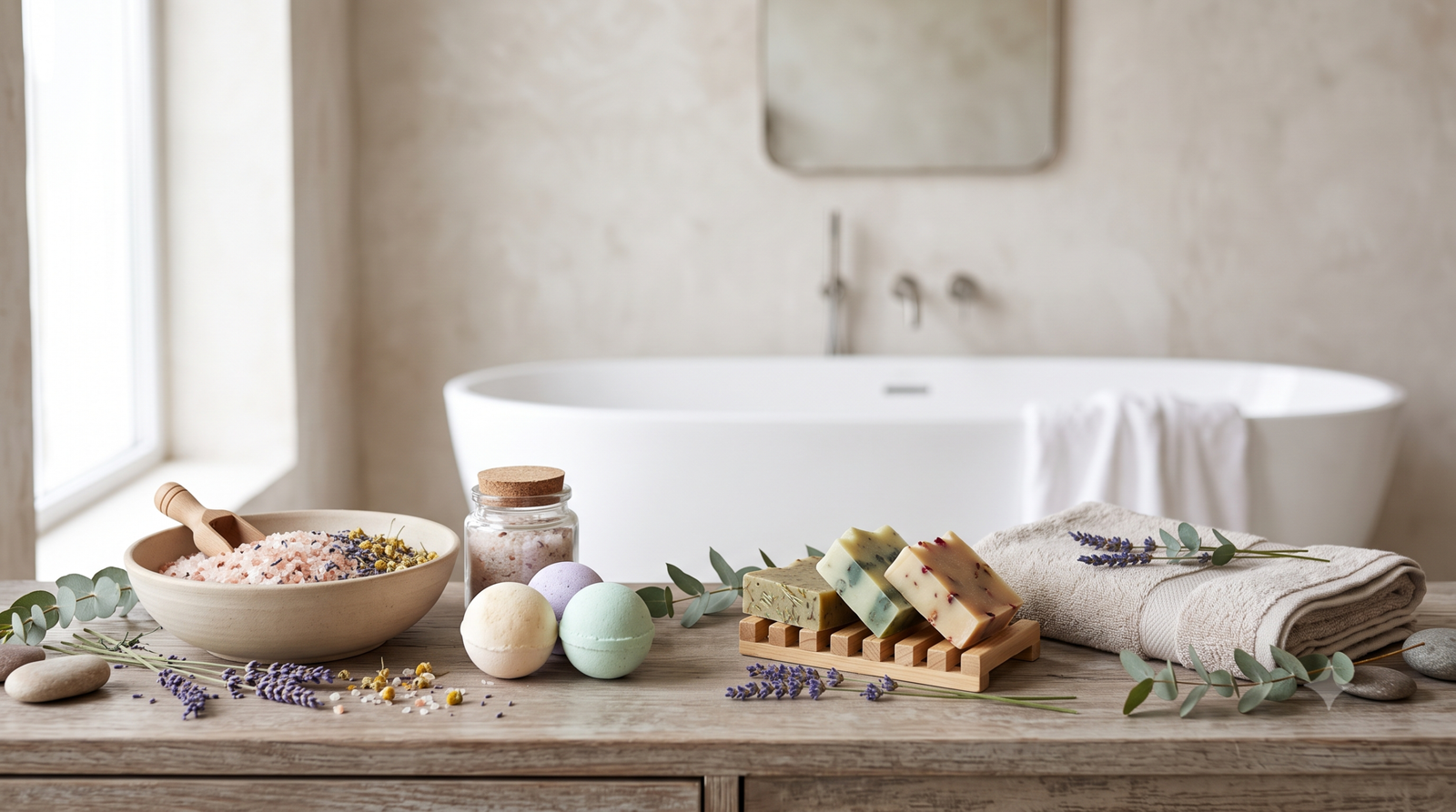 Bodegón de sales de baño con una bañera de fondo